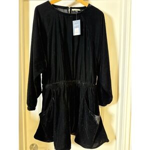 Black Velvet Long Sleeve Mini A-line Dress Pockets Elastic Waist Size L Moto,
